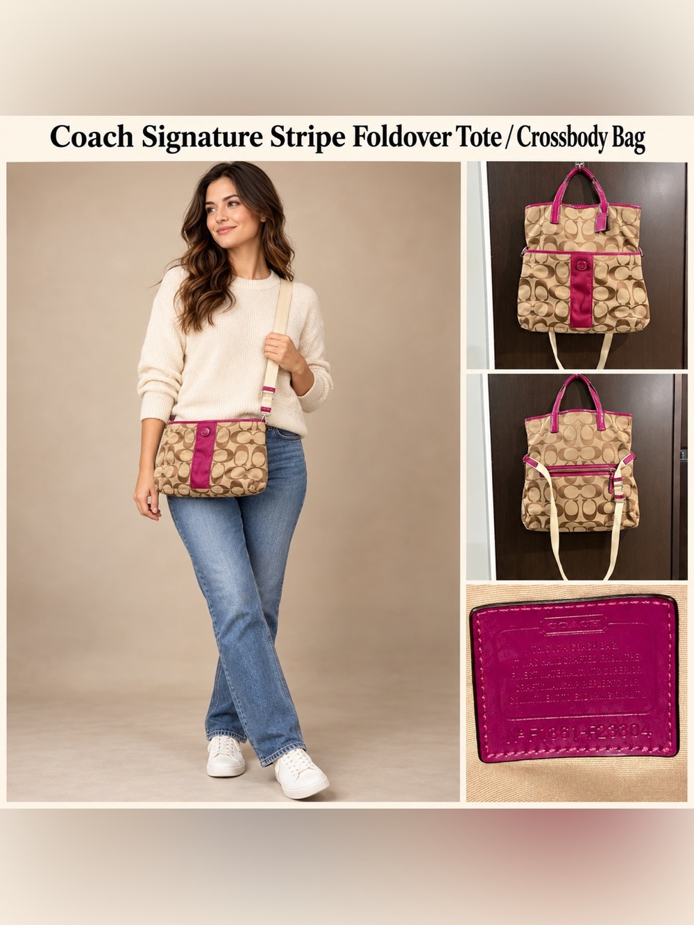 Coach Khaki/Beige Signature Crossbody with Pink Stripe Trim